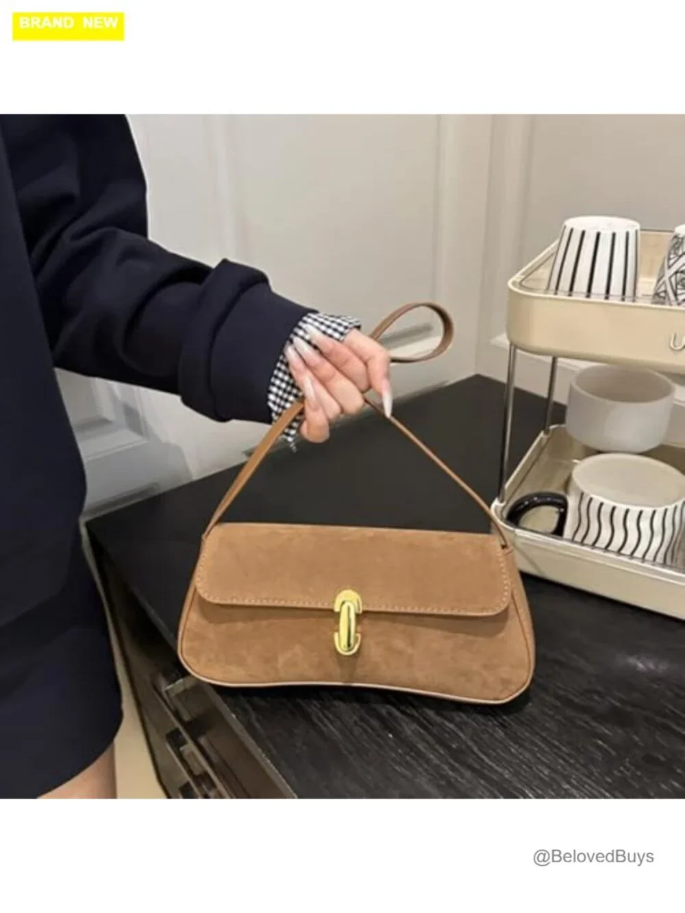 Faux Suede Leather Underarm Hobo Bag with Twist Lock